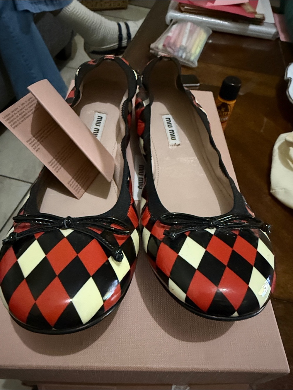 Miu Miu Red, Black & Cream Harlequin Patent Leather Ballet Flats